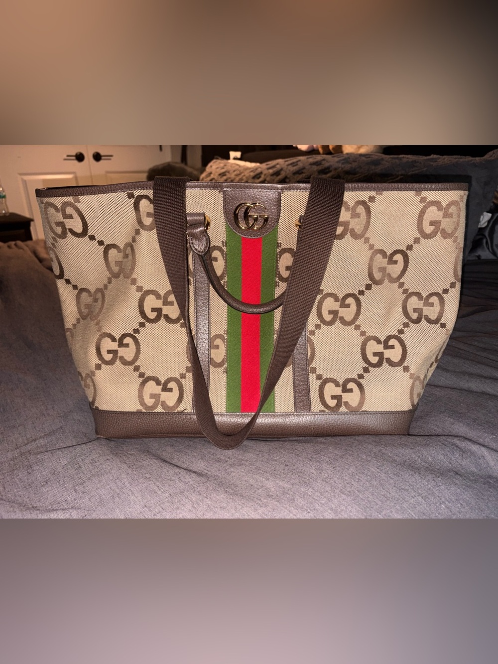 Gucci Beige GG Supreme Canvas Tote with Green and Red Web Stripe